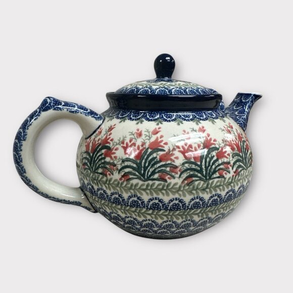 RARE POLISH POTTERY UNIKAT LARGE TEAPOT DOUBLE HANDLE 2 QUARTS SPRING TULIP - Picture 4 of 9